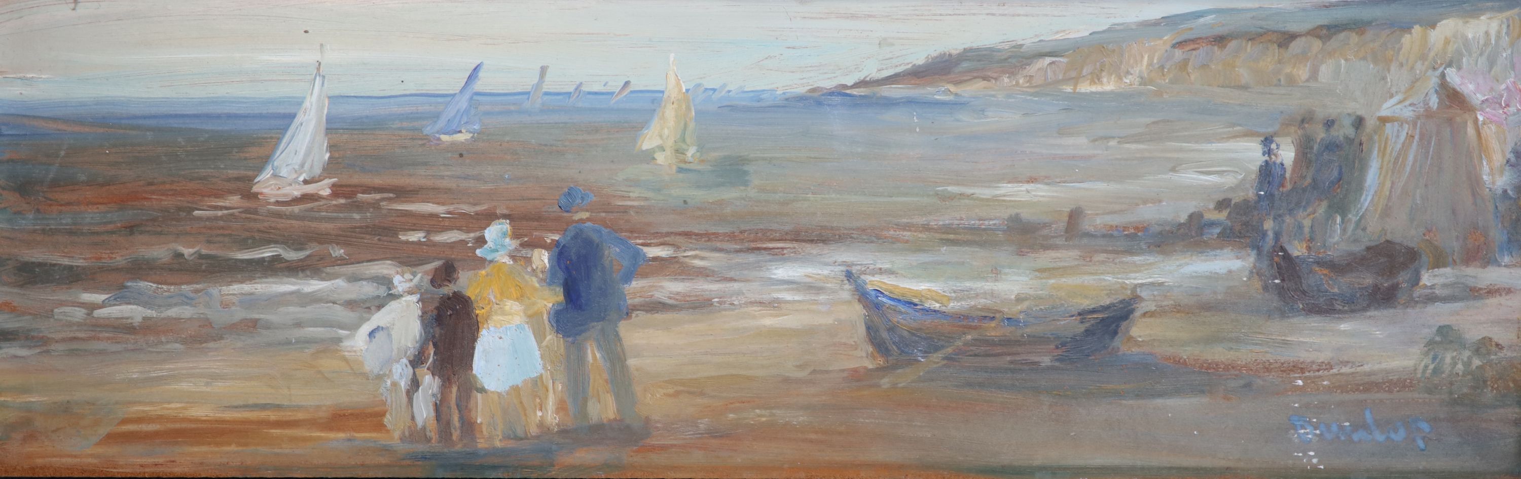 Ronald Ossory Dunlop (1894-1973), Figures on the shore, Oil on board, 19.5 x 61 cm. unframed